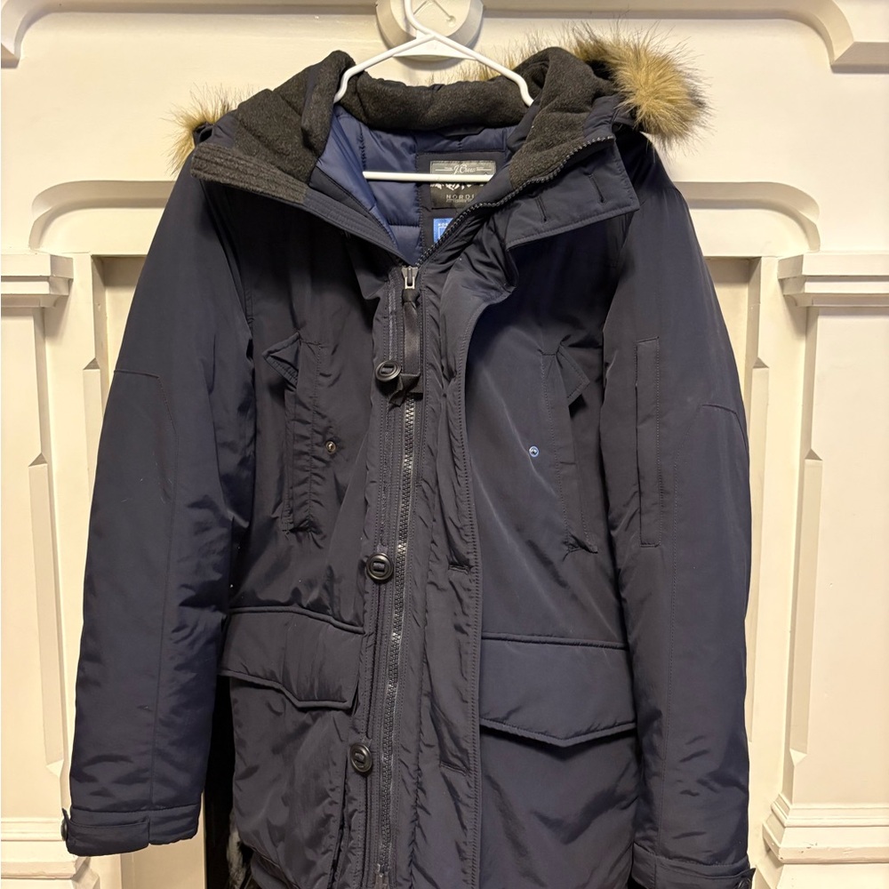 J. Crew Men's Dark Blue Hooded Puffer Coat